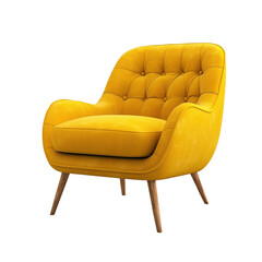 A yellow chair with a wooden frame and a cushion