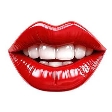 recommend clip art: Glossy red woman lips smile mouth with tongue lipstick teeth white background.