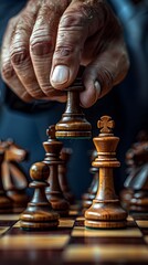 Businessman s Hand Carefully Selecting King Chess Piece on Wooden Board Metaphor for Executive Decision Making