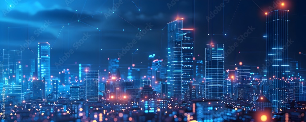 Poster futuristic wireless smart city network cityscape with tech inspired plexus background
