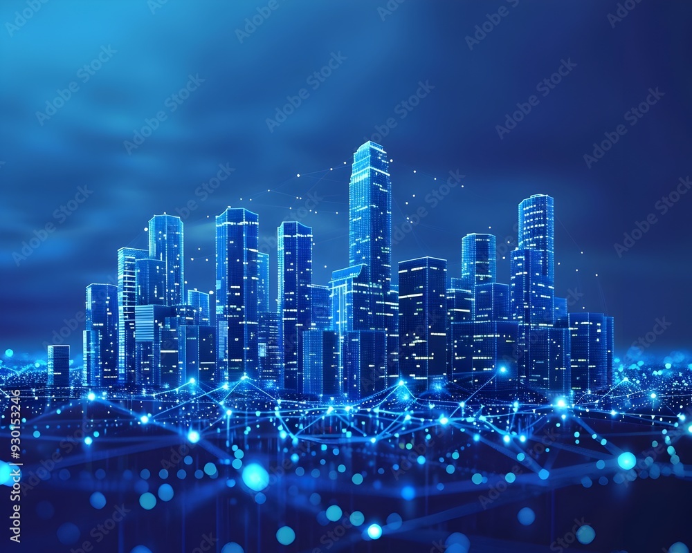 Poster futuristic wireframe cityscape illuminating a smart metropolis amid plexus of connectivity and autom