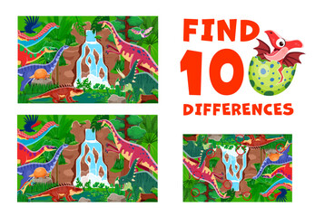 Find ten differences between cartoon prehistoric dinosaurs, kids game worksheet. Vector educational children riddle, leisure activity with different dino species in a Jurassic era waterfall scene