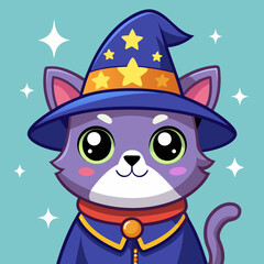 Cute Cat with Wizard Hat Cartoon Illustration. Merry Christmas Hat