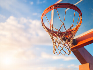 Naklejka premium Ball entering hoop with sky background, urban sport concept
