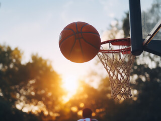 Basketball entering the hoop on an outdoor playing field