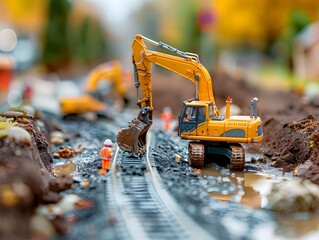 Excavator working on model railway tracks on a sunny autumn day in a detailed miniature landscape