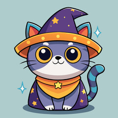 Cute Cat with Wizard Hat Cartoon Illustration. Merry Christmas Hat