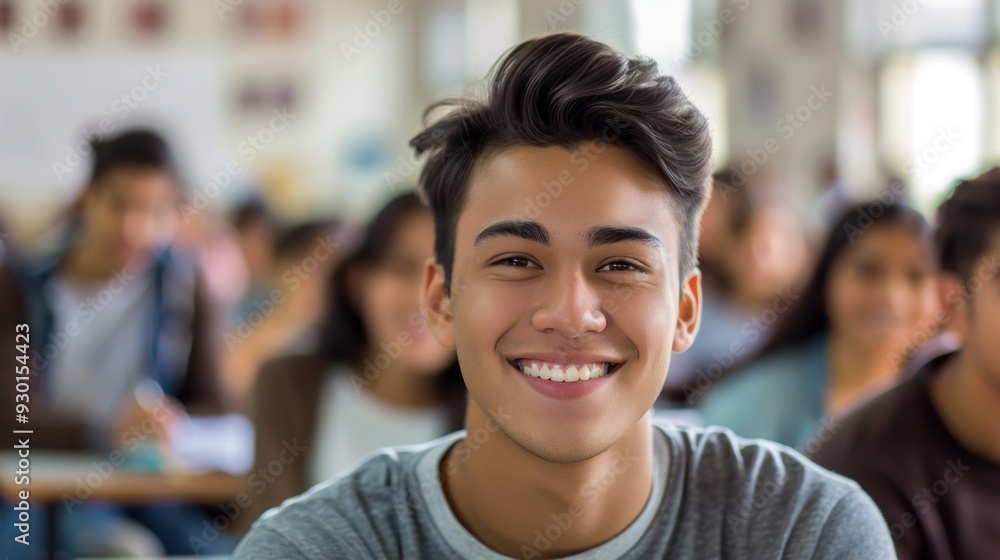 Poster A happy college student smiles while engaged in a lecture, surrounded by fellow classmates in a lively classroom atmosphere