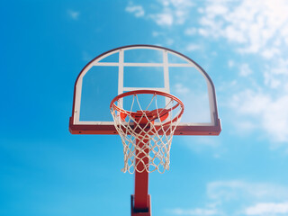 Basketball hoop against a bright blue sky