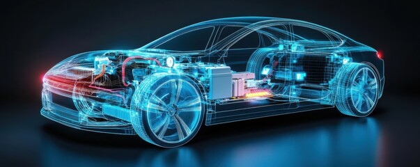 Futuristic electric car design, showcasing transparent layers and intricate components, representing innovation in automotive technology.