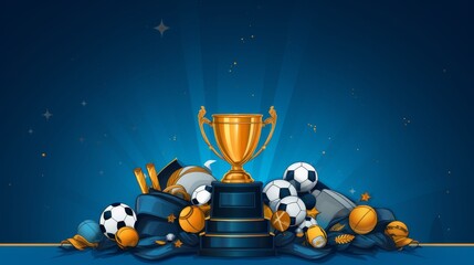 Sports event invitation banner with blue background featuring stadium imagery, sports icons, and golden trophy design. Ideal for promoting competitions, tournaments, and athletic celebrations.