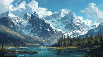 Fototapeta premium Majestic Mountain Range with Blue Lake.