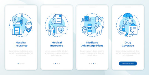 Government health insurance blue onboarding mobile app screen. Walkthrough 4 steps editable graphic instructions with linear concepts. UI, UX, GUI template. Montserrat SemiBold, Regular fonts used
