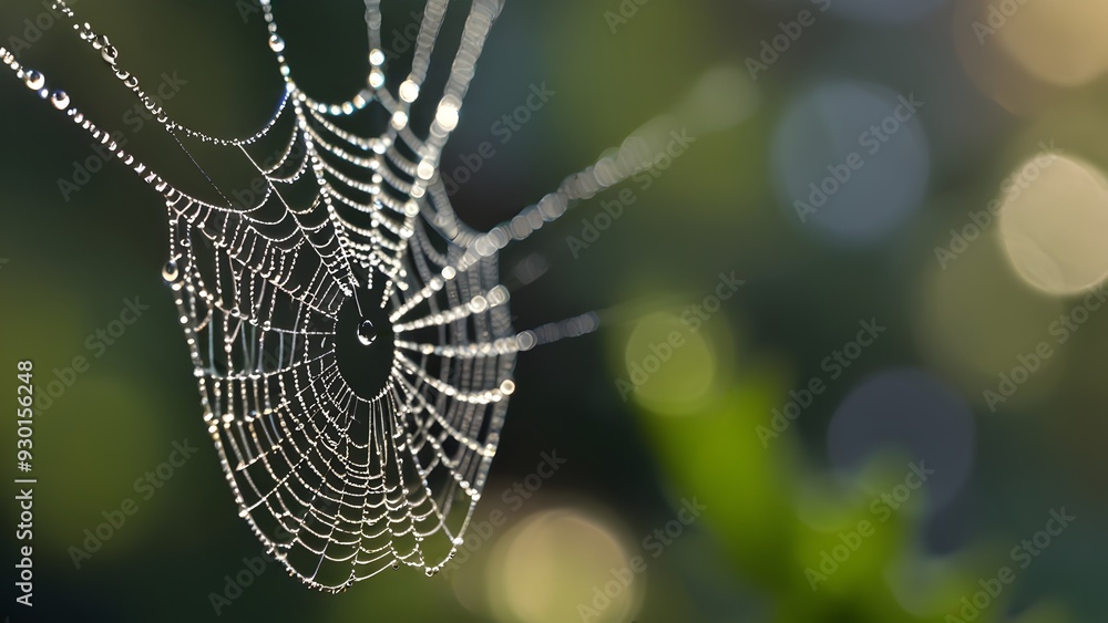 Wall mural dew-covered spider web in the early morning light