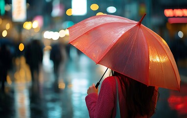 Woman walking through a rainy city street, holding a red umbrella.