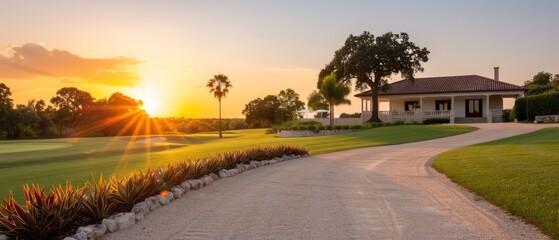 Fototapeta premium The sun sets over a golf course A house lies across one path, while palm trees line the other