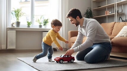 A father and his young son play with a toy car on the living room floor.