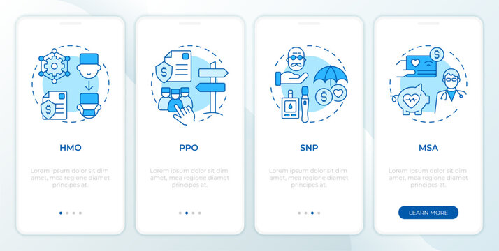 Advantage health plans blue onboarding mobile app screen. Walkthrough 4 steps editable graphic instructions with linear concepts. UI, UX, GUI template. Montserrat SemiBold, Regular fonts used