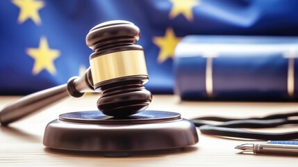 Gavel of judge with books against European Union flag. The concept of justice and fairness in European legislation and the judicial system