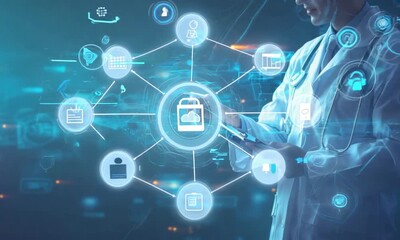 Medicine doctor with stethoscope touching medical icons network connection - Powered by Adobe