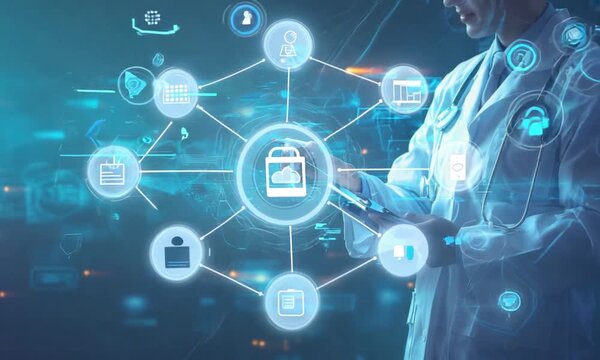 Medicine doctor with stethoscope touching medical icons network connection