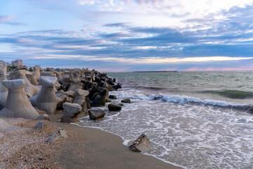 Black Sea Modern Beach on a sunny day with a blue sky,Constanta beach at Black Sea,panoramic view...