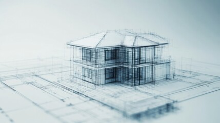 Wireframe model of a modern house showcasing architectural design and structure in a digital format.