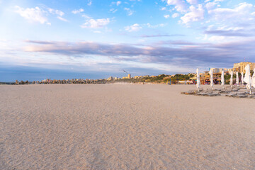Black Sea Modern Beach on a sunny day with a blue sky,Constanta beach at Black Sea,panoramic view Constanta Romania