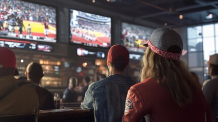 A group of fans enjoy an exciting sports event at a bustling bar, focused on multiple large screens showing the game.