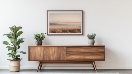 Mid-century modern living room with sleek walnut sideboard and minimalist decor