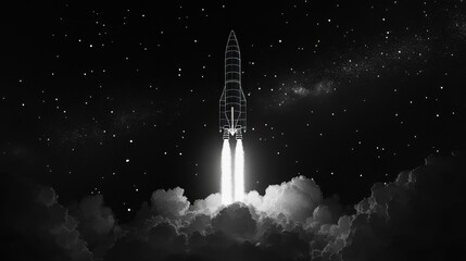 A futuristic rocket launching into the starry night sky, representing aspiration, technology, and exploration.