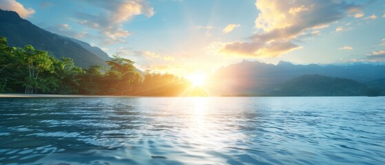  A large body of water flanked by trees on each side Sun over distant mountains shining above