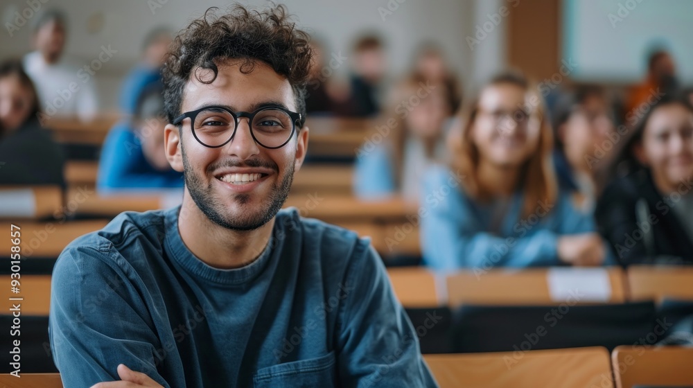 Poster A joyful college student sits in a lecture hall, smiling while surrounded by classmates attentively listening to their instructor