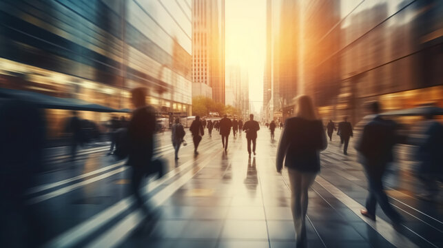 A blurred background of busy city streets with businesspeople walking, representing the fast-paced and dynamic nature of corporate life.