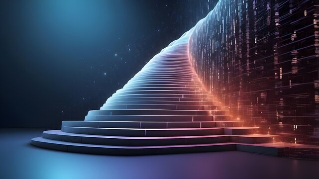 A ladder embedded in a futuristic digital background with cascading binary code represents the rise of information and technology.