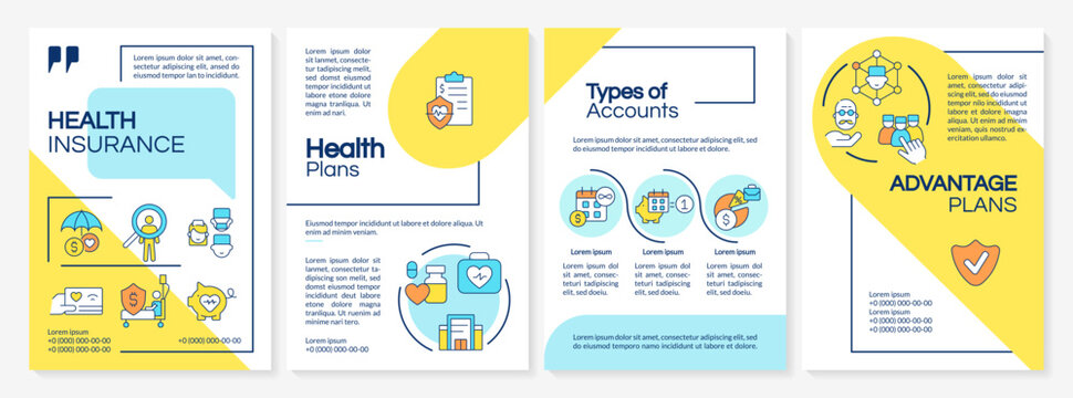 Health insurance blue and yellow gradient brochure template. Leaflet design with linear icons. Editable 4 vector layouts for presentation, annual reports. Questrial, Lato-Regular fonts used
