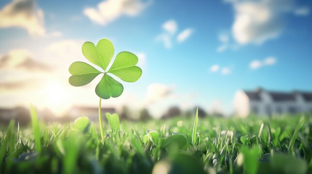 Four-leaf clover growing on green grass under blue sky in spring