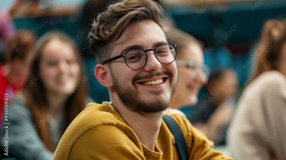 Poster A college student smiles enthusiastically during a lecture, surrounded by classmates in a lively classroom atmosphere