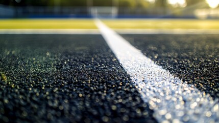 Close-up of white lines marking a sports field on bituminous asphalt surface, detailed view of sports area border lines painted on textured blacktop, no people present



