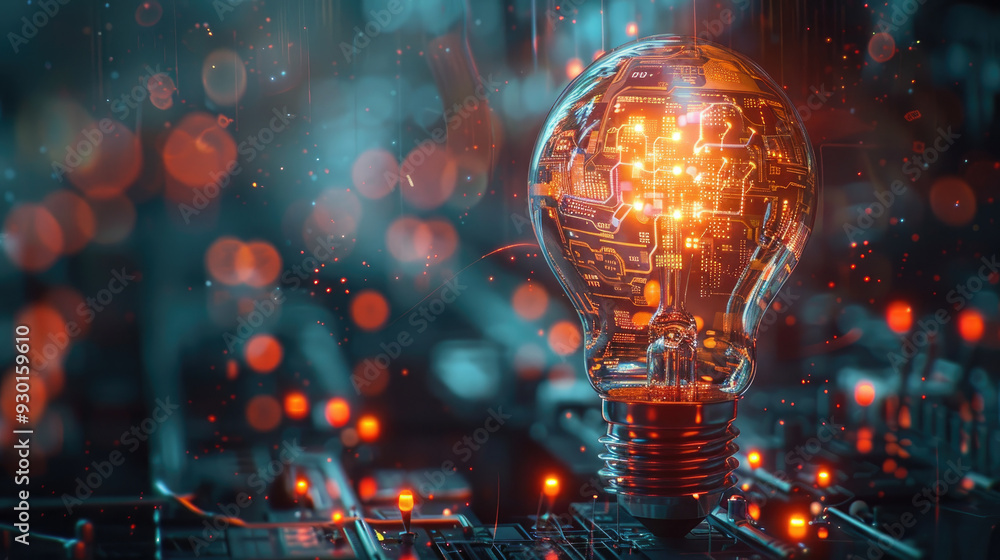 Poster a glowing light bulb with a circuit board inside. the bulb is surrounded by a blurry background with