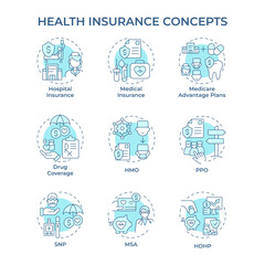 Health insurance soft blue concept icons. Medical coverage. Hospital insurance. Health plans. Healthcare provider. Icon pack. Vector images. Round shape illustrations. Abstract idea