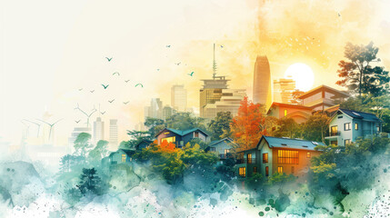 Obraz premium A cityscape with a large building in the background and a small house in the foreground. The sky is orange and the sun is setting