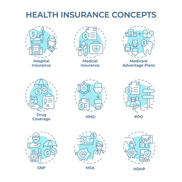 Health insurance soft blue concept icons. Medical coverage. Hospital insurance. Health plans. Healthcare provider. Icon pack. Vector images. Round shape illustrations. Abstract idea