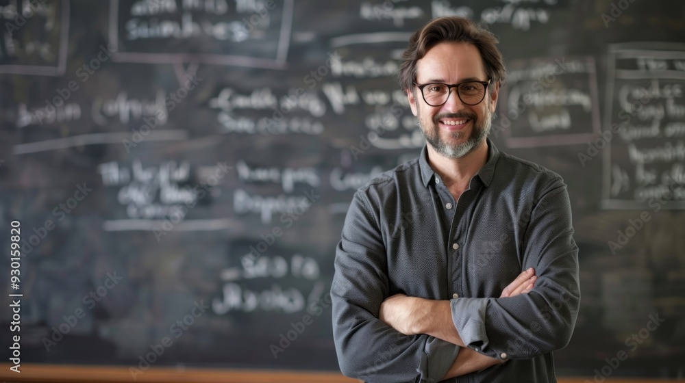 Poster a confident lecturer stands with arms crossed, smiling at students in front of a chalkboard filled w