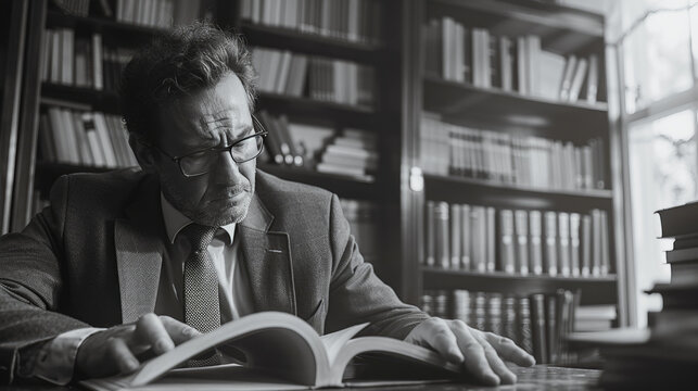 A man in a suit is reading a book in a library. He is wearing glasses and has a serious expression on his face. Concept of quiet contemplation and focus, as the man is engrossed in his reading