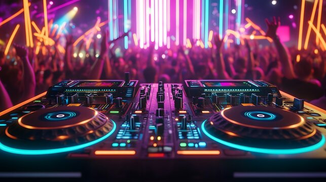 Close-up of a DJ booth at a music festival, turntables and mixer lit by neon lights, crowd in the background cheering and jumping, intense laser light show cutting through the night, high-energy and
