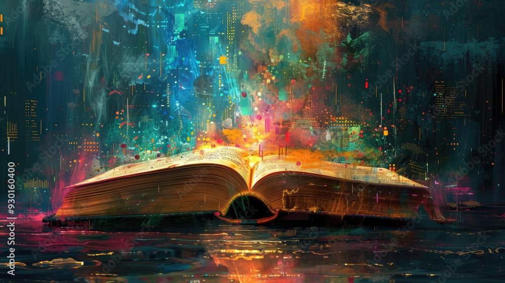 Poster a book is open to a page with a city skyline in the background. the book is on a table with water in