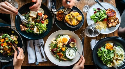 Overhead view of a table with delicious food, people are enjoying a meal together.