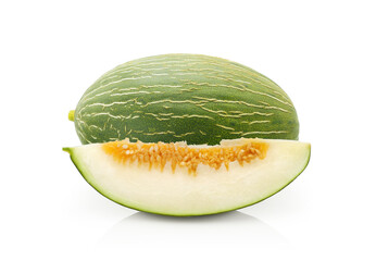 Green Piel de sapo melon (Santa Claus melon) with slice isolated on white background