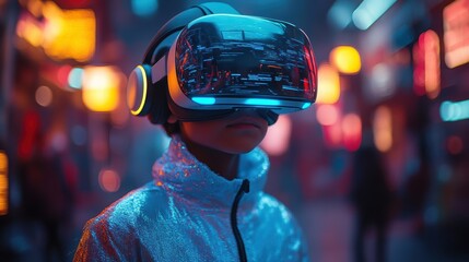 Futuristic Young Person Wearing Virtual Reality Headset in Neon-Lit Urban Environment at Night, Immersed in Digital World, Experiencing Advanced Technology and Virtual Reality Gaming